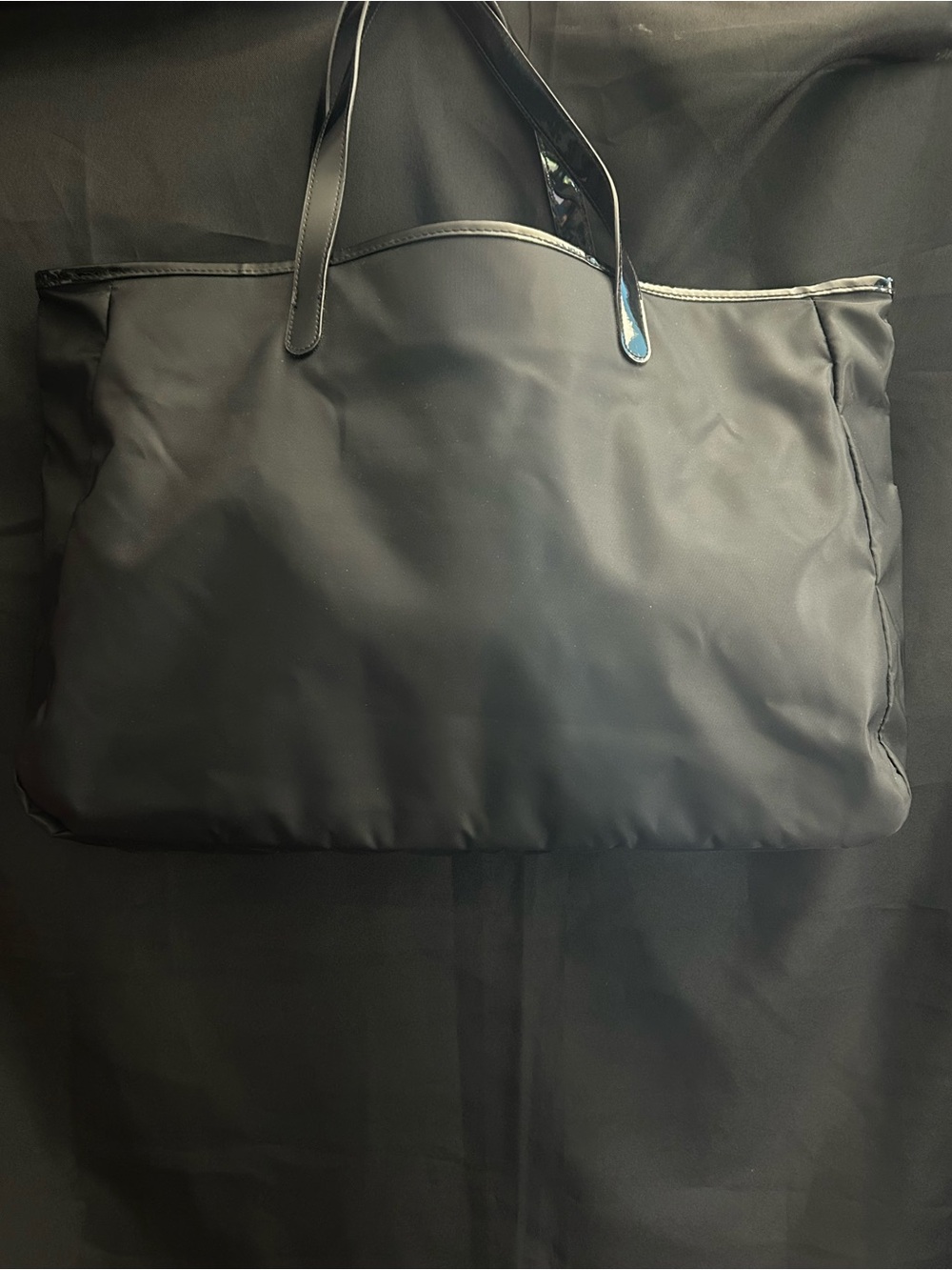 Saks Fifth Avenue Black Nylon Tote Bag with Patent Trim